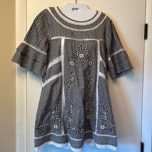 NWT Free People gingham check tunic top, xs, black, stitching , bell sleeve